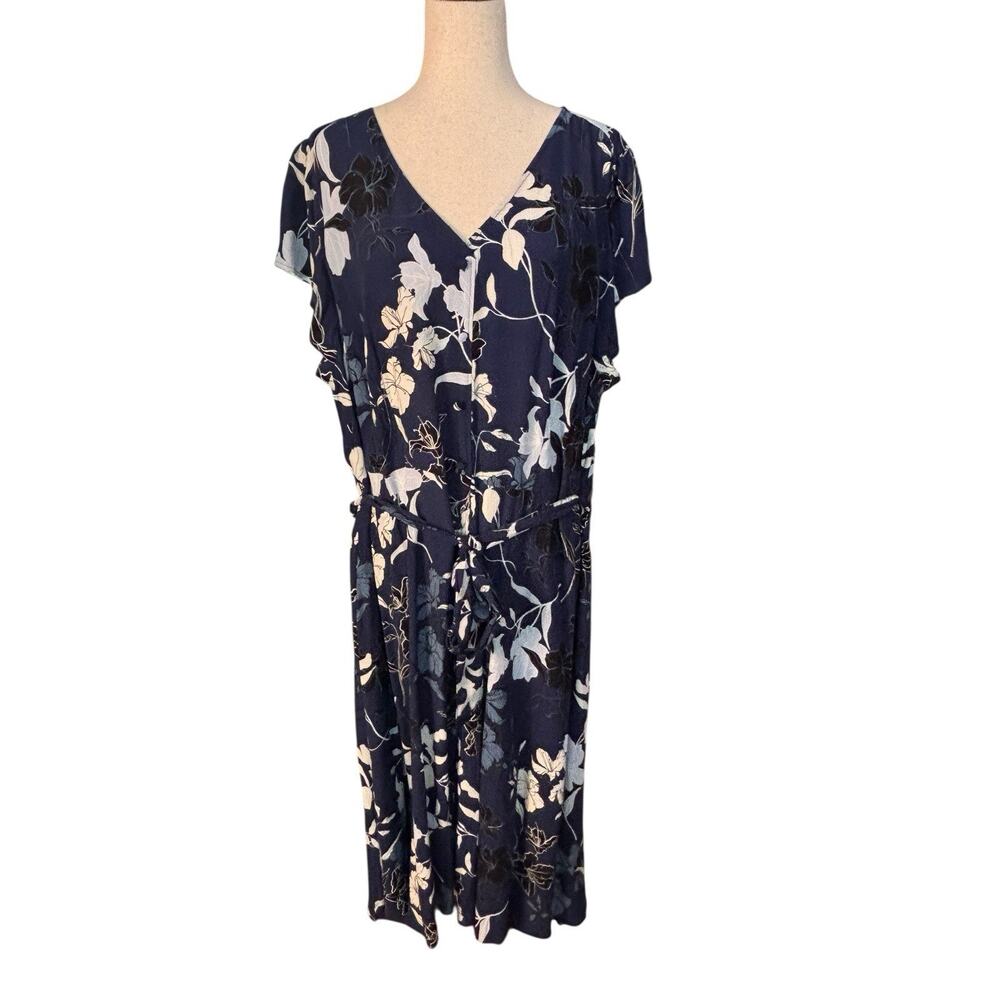Talbots Plus Size 18W Navy Blue Floral Belt Dress Midi NEW NWT - Picture 2 of 11